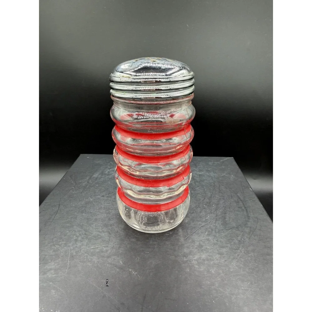 🍳✨ Vintage Hazel Atlas Stripe Kitchen Shaker – Clear Glass w/ Red Stripes ✨🍳